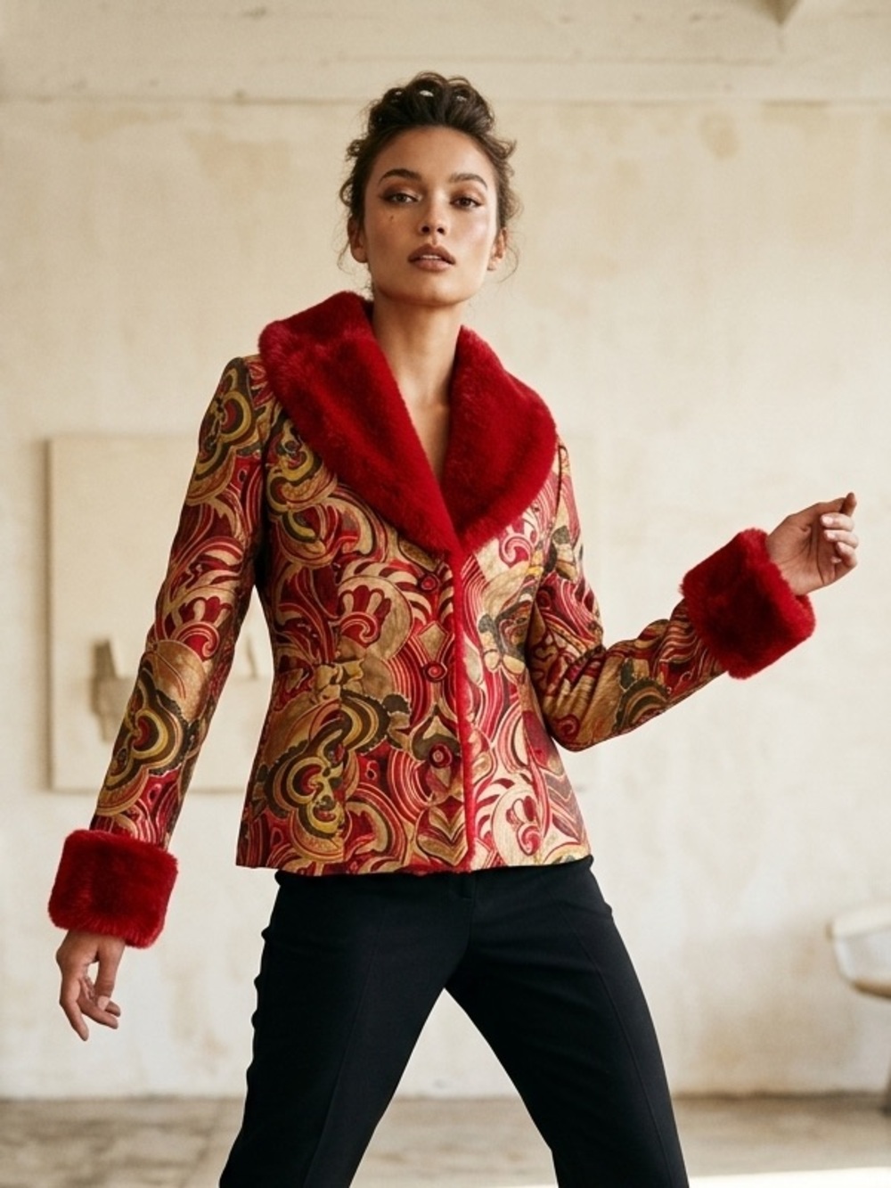 Samuel Dong Y2K Paisley Embroidered Jacket Faux Fur | L